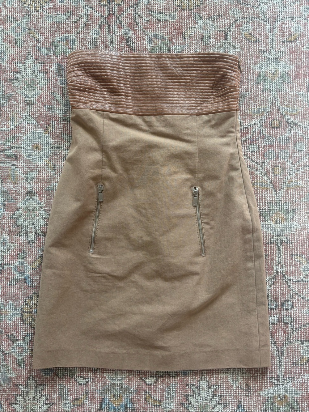 Michael Kors Strapless Tan Mini Dress with Ribbed Leather Bust - size 4